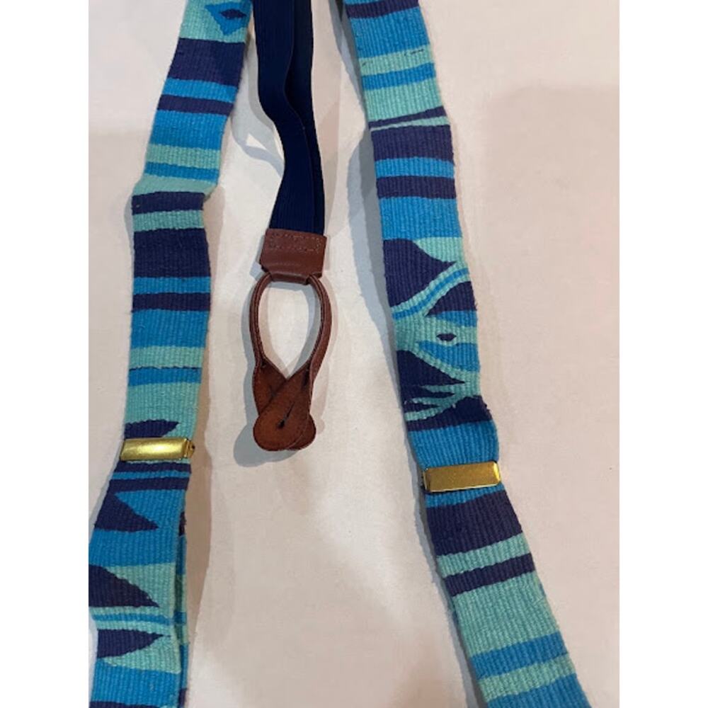 Vintage Wool Suspenders Braces Navy Turquoise Real Leather Fully Expandable